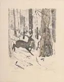 Robert Hainard, Forêt givrée et chevrette, 1983, bois gravé couleur