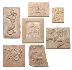 Pierre Blanc, Personnages féminins et chevaux, suite de 7 bas-reliefs en terre cuite
