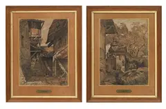Louis-Amédée Baudit, Scènes de village animées, paire de dessin aux trois crayons
