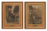 Louis-Amédée Baudit, Scènes de village animées, paire de dessin aux trois crayons