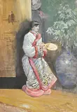 Henry Somm, Femme à l'éventail, gouache, aquarelle et encre de Chine sur papier