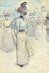 Henry Somm, Elégante de dos dans la foule, aquarelle et encre de Chine sur papier