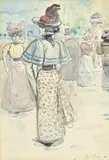 Henry Somm, Elégante de dos dans la foule, aquarelle et encre de Chine sur papier