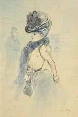 Henry Somm, Femme de profil au chapeau et boa, aquarelle et encre sur papier