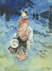Henry Somm, Japonaise à la lanterne, encre de Chine et aquarelle