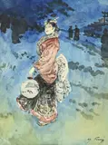 Henry Somm, Japonaise à la lanterne, encre de Chine et aquarelle