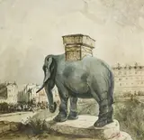 Projet pour la fontaine de l'éléphant Place de la Bastille by Jean-Louis Gintrac-Jouasset, 1833, aquarelle sur papier, sold Jun 2024