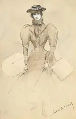 Jean Béraud, Femme aux boîtes à chapeau, encre et lavis sur papier