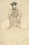 Jean Béraud, Femme aux boîtes à chapeau, encre et lavis sur papier