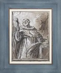 Étienne Parrocel, Un saint tenant une croix, plume et encre noire,lavis brun, rehauts de blanc sur papier gris-vert