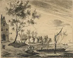 Roelant Roghman, Paysage fluvial avec un bac à quai, plume et encre noire, lavis gris sur papier, traits d'encadrement à la plume et encre noire