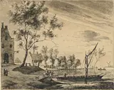 Roelant Roghman, Paysage fluvial avec un bac à quai, plume et encre noire, lavis gris sur papier, traits d'encadrement à la plume et encre noire