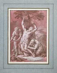 Étienne Parrocel, Saint Sébastien soigné par Sainte Irène, plume et encre brune, lavis brun, rehauts de blanc sur papier préparé de rose