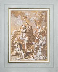 Étienne Parrocel, Moïse défendant les filles de Jethro, plume et encre brune, lavis brun, rehauts de blanc sur papier préparé d'ocre