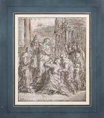 Étienne Parrocel, Judith montrant la tête d'Holopherne, plume et encre brune, lavis brun, rehauts de blanc sur papier ocre
