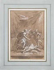 Étienne Parrocel, Yael et Siséra, plume et encre brune, lavis brun, rehauts de blanc sur papier préparé d'ocre