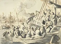 Jan Luyken, Débarquement, plume et encre brune, lavis gris sur papier, traits d'encadrement à la plume et encre brune