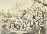 Jan Luyken, Débarquement, plume et encre brune, lavis gris sur papier, traits d'encadrement à la plume et encre brune