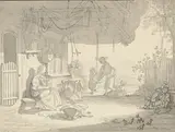 Sigmund Freudenberger, Famille devant une maison, dessin à la pierre noire, lavis gris sur papier