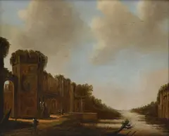 Jan Meerhout, Paysage ruiniste animé au bord d'un canal, huile sur panneau