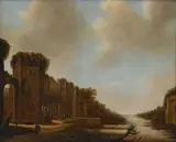 Jan Meerhout, Paysage ruiniste animé au bord d'un canal, huile sur panneau