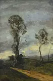 Henri Harpignies, Sentier aux peupliers, huile sur panneau