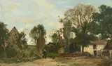 Paysanne dans une cour de ferme by Charles-François Daubigny, huile sur toile, sold Jun 2024