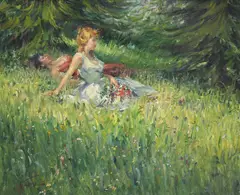 Clemente Tafuri, Deux jeunes femmes allongées dans l'herbe, huile sur toile