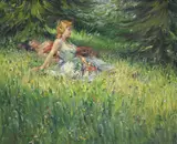 Clemente Tafuri, Deux jeunes femmes allongées dans l'herbe, huile sur toile