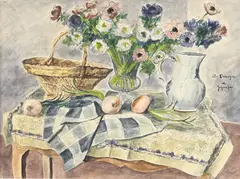 André Dunoyer de Segonzac, Le vase d'anémones, aquarelle et encre sur papier