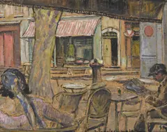 George Morren, Terrasse animée à Brignoles, 1930, huile sur carton