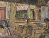 George Morren, Terrasse animée à Brignoles, 1930, huile sur carton