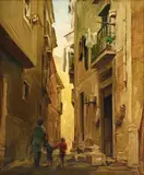 Fortunato Anjos, Ruelle animée, 1978, huile sur pavatex