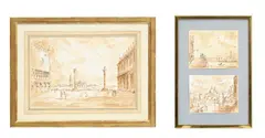 Antonio Lucarda, Vues de Venise, 1983 et 1985_,_ suite de trois lavis sépia sur papier dans deux encadrement