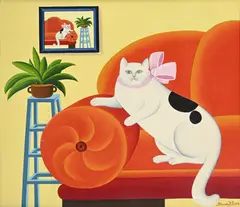 Maria Kloss, Sur un sofa rouge, huile sur toile