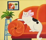 Maria Kloss, Sur un sofa rouge, huile sur toile