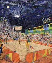 Peter Spens, Night Games, Beach Volleyball, 2016, huile sur panneau