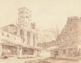 Hubert Robert, Vue du forum d'Auguste à Rome, 1990-91, sanguine sur papier