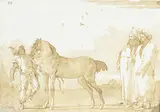 Giovanni Domenico Tiepolo, Cheval à l'arrêt tenu par un palefrenier, plume et encre brune, lavis brun sur papier