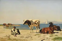 Albert Lugardon, Sans titre, Vaches sur la berge du lac, huile sur toile