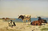 Albert Lugardon, Sans titre, Vaches sur la berge du lac, huile sur toile