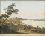 Jean-Antoine Linck, Vue de Genève depuis Cologny, gravure aquarellée