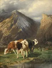 Charles Humbert, Vaches et chèvres s'abreuvant à l'alpage, 1880, huile sur toile