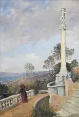Edouard Castres, Terrasse au-dessus du lac, huile sur toile