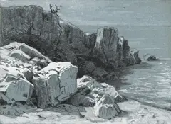 Arthur Calame, Rochers en bord de mer, fusain et gouache sur papier bleu