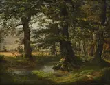 Alexandre Calame, Chênes en bordure d'un petit ruisseau, 1987, huile sur papier bristol monté sur carton marouflé sur toile