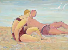 Albert Schmidt, Couple à la plage, 1883-1970, huile sur papier marouflé sur toile