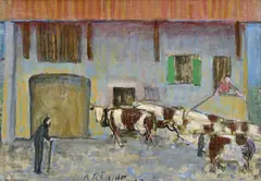Albert Schmidt, Entrée à l'étable, 1883-1970, huile sur papier marouflé sur toile