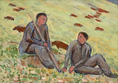 Albert Schmidt, L'entretien des bergers, 1883-1970, huile sur papier marouflée sur toile