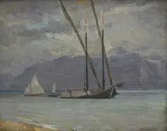 Abraham Hermanjat, Sans titre, Barque sur Léman, huile sur carton